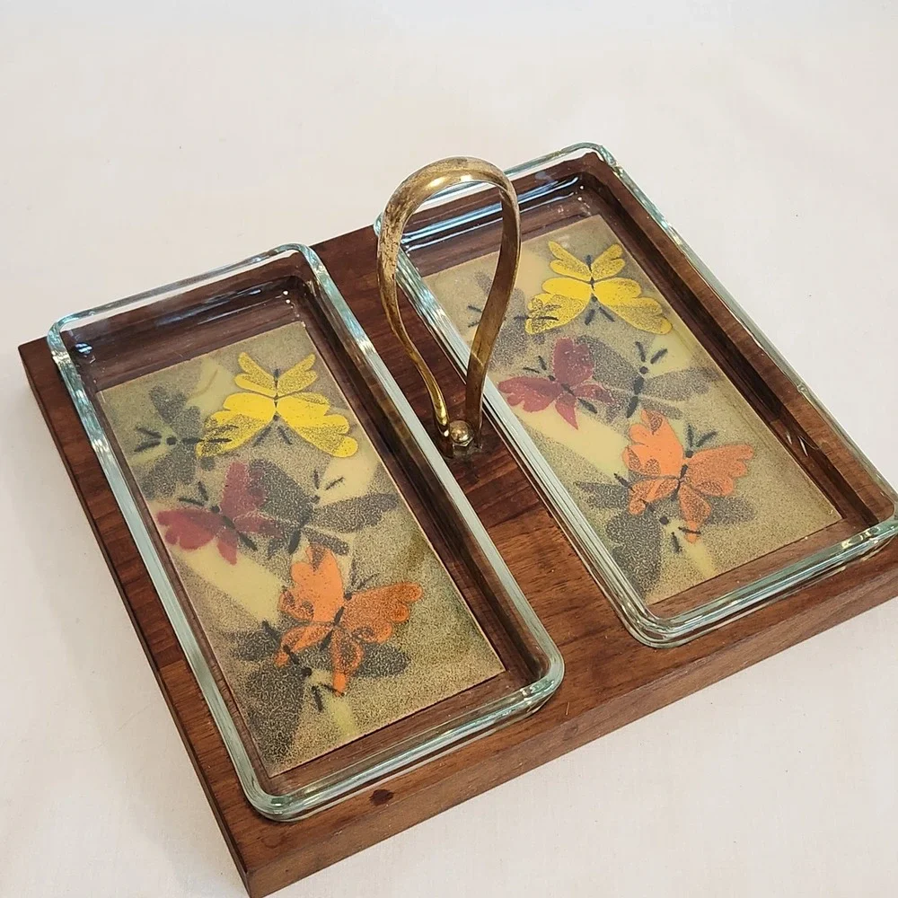 Ernest Sohn Vintage MCM Doubke Relish Serving Tray‎ Butterflies Wood Glass